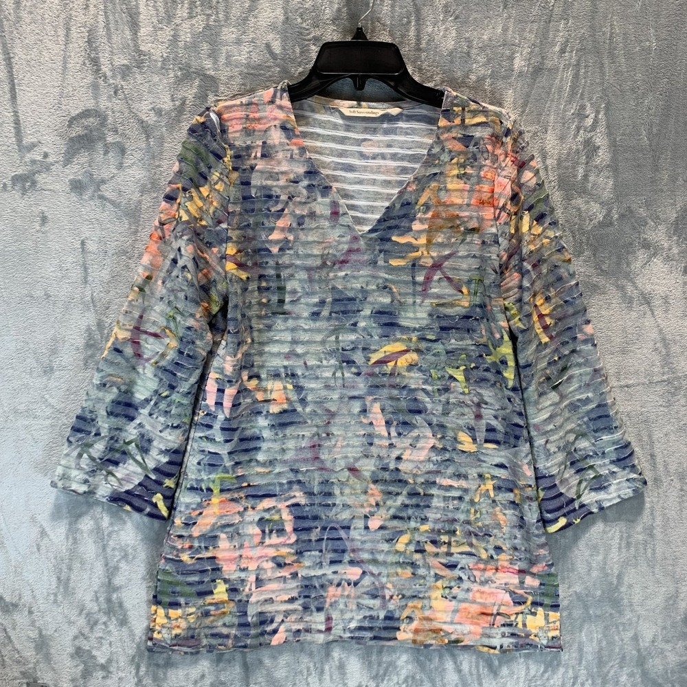 Soft Surroundings Womens M Tunic Top V neck Floral Watercolor Ribbed Blue Pastel